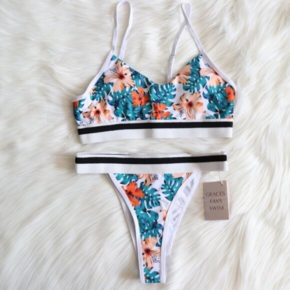 NWT White Green Tropical Print Bikini Swim Set Size Large - Picture 2 of 8
